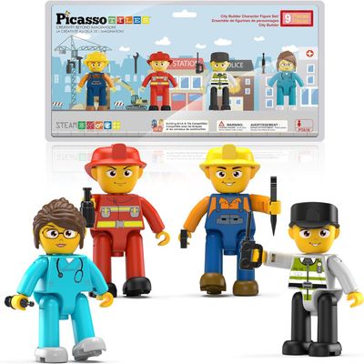 Picasso Toys Magnetic Character Action Figures 4 Piece Astronaut for Building Block Tile Toddler Toy Set Magnet Expansion Pack Age 3 and up Educational STEM Learning Pretend Playset Construction PTA17