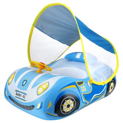 Toddler Pool Float with UPF50+ Adjustable Canopy Car Shaped Baby Swimming Float Infant Baby Floatie Boat for Kids 3+ YearsBlue Car