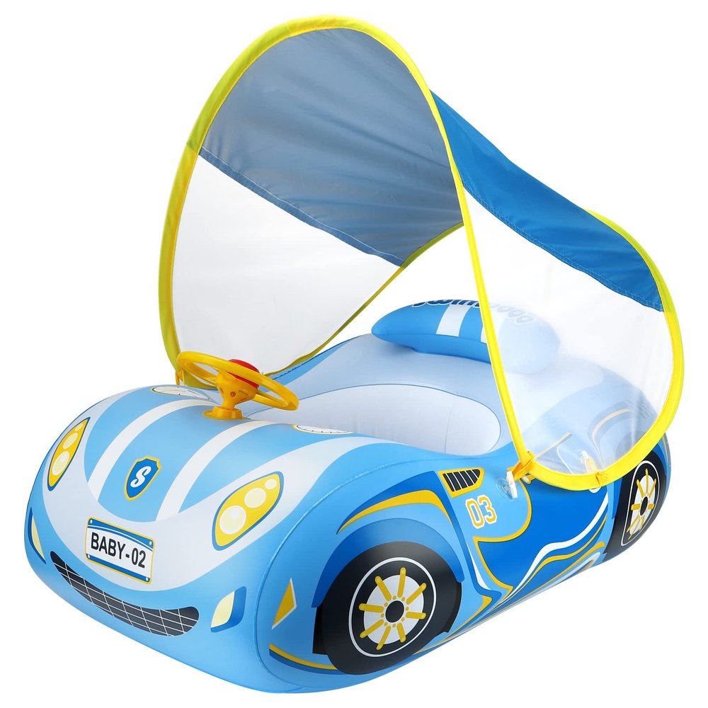 Toddler Pool Float with UPF50+ Adjustable Canopy Car Shaped Baby Swimming Float Infant Baby Floatie Boat for Kids 3+ YearsBlue Car