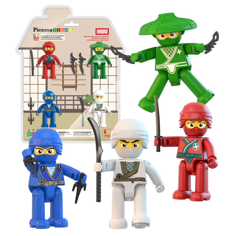 PicassoTiles Ninja Action Characters for Magnetic Tiles Building Block Toy Sets Accessory Add On Kit for Magnet Tile Playsets for Toddlers Boys Girls Ages 3+ Pretend Play STEM Educational Toys PTA14