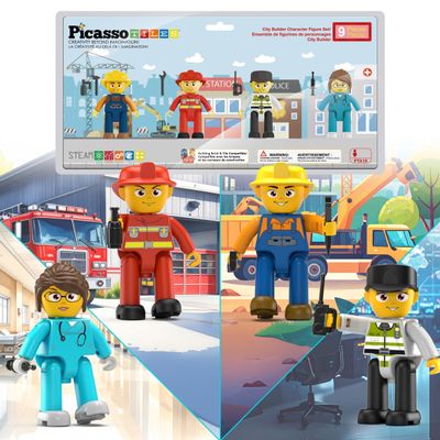 PicassoTiles Magnetic Tiles Action Figures 4 Piece City Characters for Magnet Tile Building Blocks Accessory Add On Pack Construction Block Set Toddler Toy Educational Learning Kit Age 3 and up PTA18