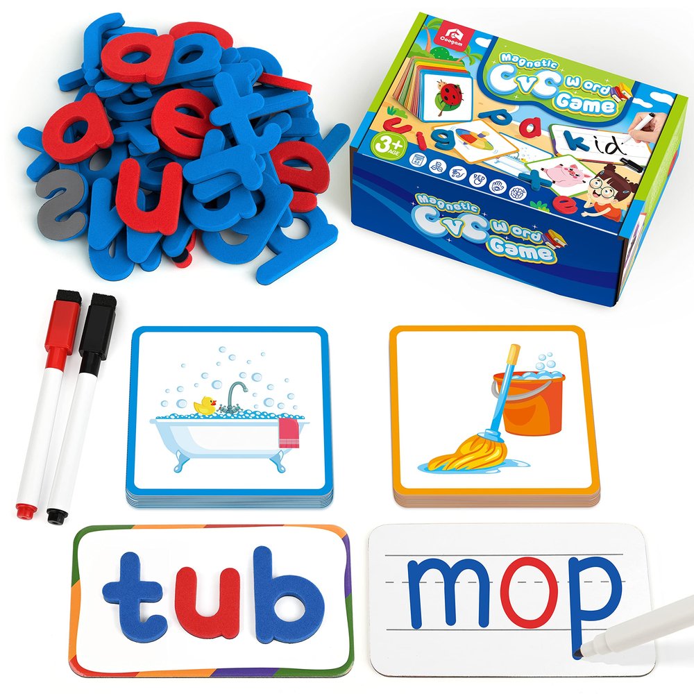 Coogam CVC Sight Words Magnetic Letters Flashcards, Short Vowel Spelling Game, Preschool Kids Learning Supplies, Montessori Educational Writing Reading Toy Gift for 3 4 5 Years Old