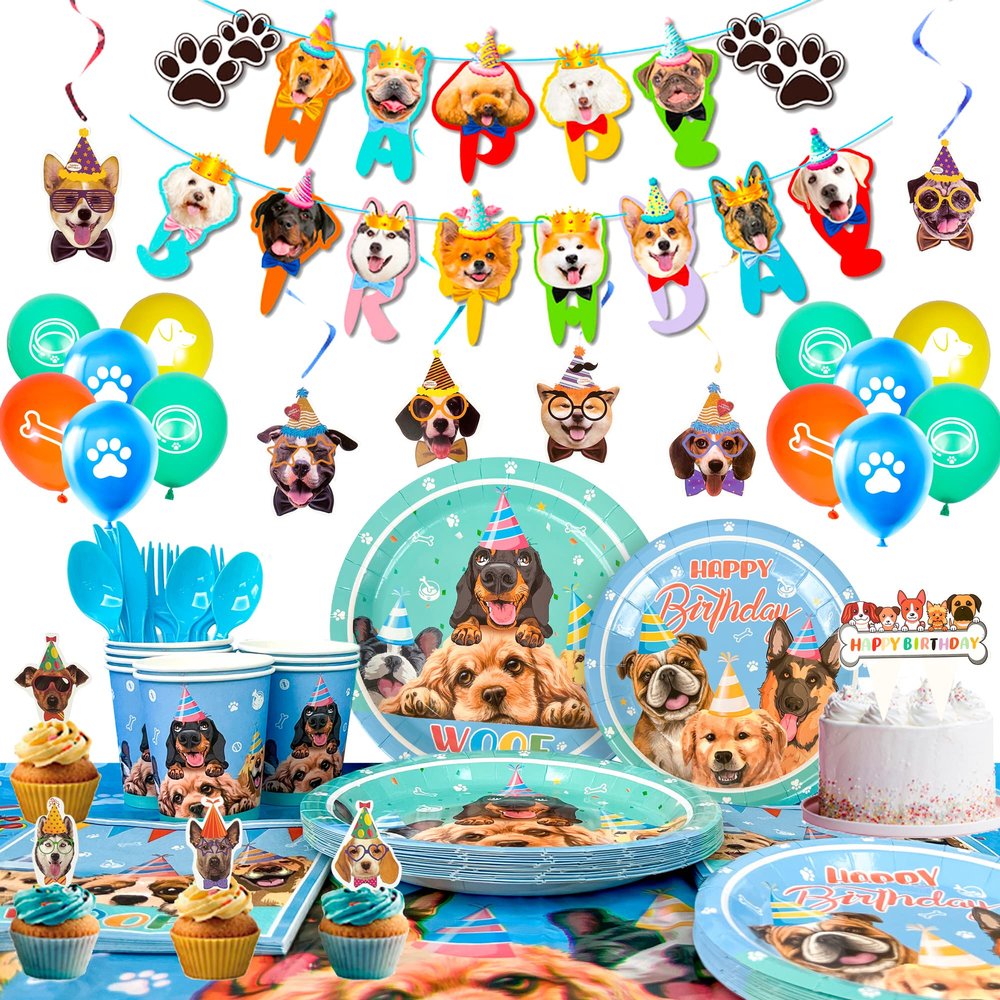 159 Pcs Puppy Birthday Party Decorations, 16 Guests Dog Birthday Tableware Set Dog Party Plates Cups Napkins Tablecloth Banner Balloon Cake Topper etc Puppy Themed Party Supplies