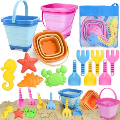 Dreamon Beach Toys for Kids 3-10, Collapsible Sand Castle Toys for Beach Include 3 Pack Foldable Buckets, Shovels Molds and Storage Mesh Bag, Sandbox Travel Toy for Toddlers Kids