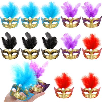 12 Mini Masquerade Masks, Small Feather Eye Masks for Women - Mardi Gras Party Costumes & Decorations (Colorful)