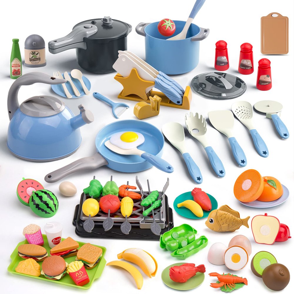 Zero Zoo 105Pcs Kids Kitchen Toy Accessories, Toddler Pretend BBQ Camping Cooking Playset, Play Pots, Pans, Utensils Cookware Toys, Play Food Set, Vegetables, Learning Gift for Girls Boys