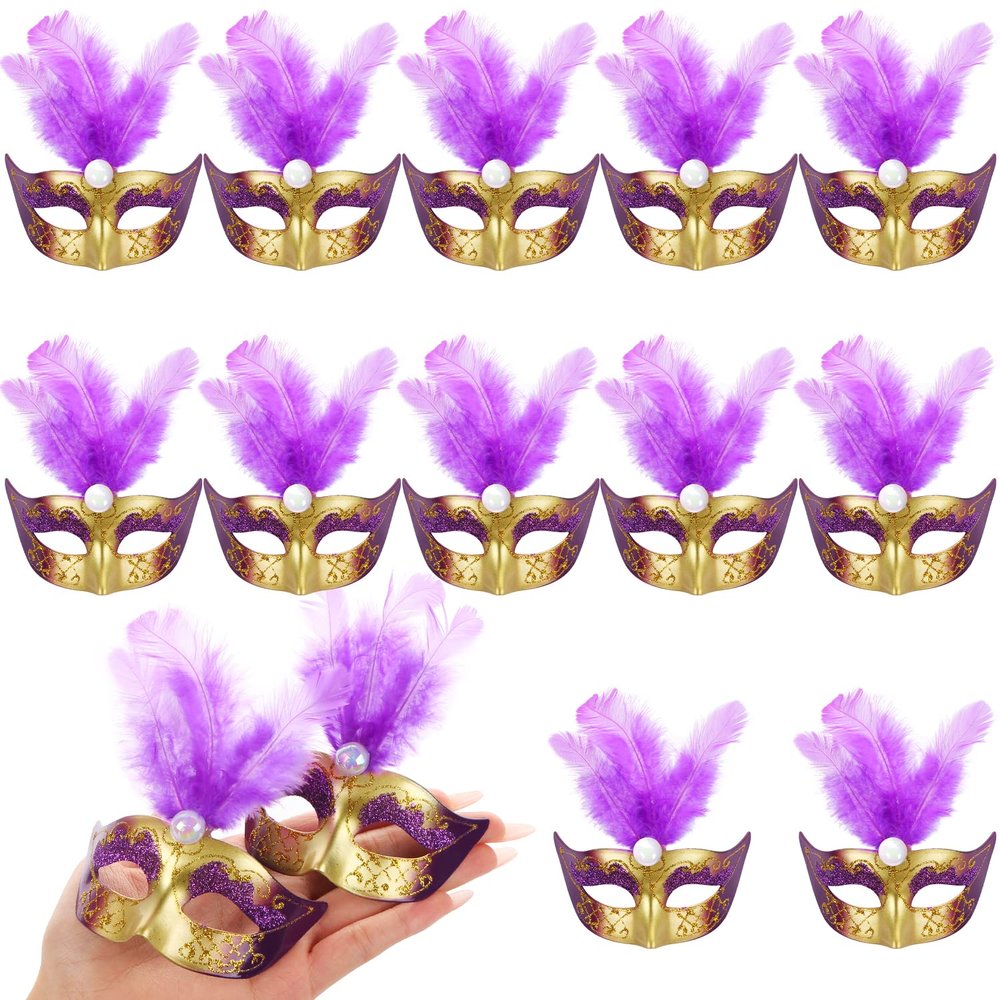 12 Mini Mardi Gras Masks, Small Feather Eye Masks for Women - Bulk Pack for Mardi Gras Decorations & Party Costumes (Purple)