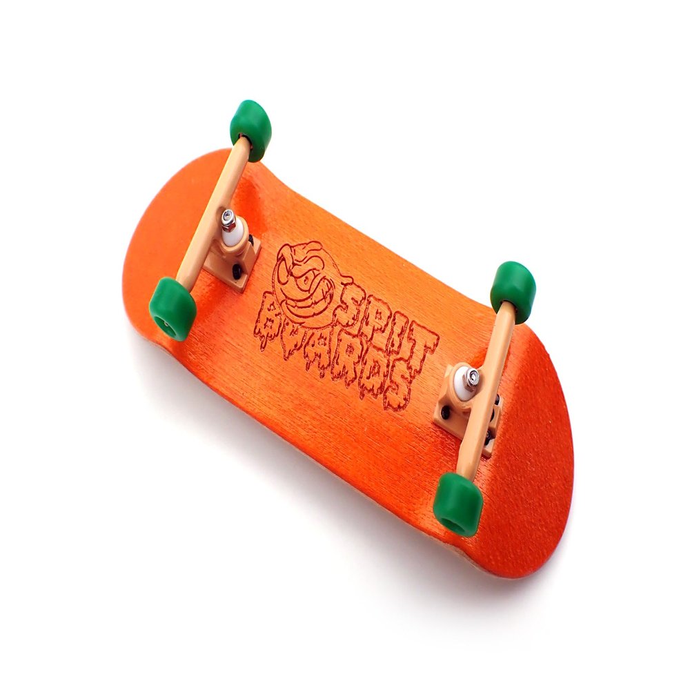 SPITBOARDS 34 mm Fingerboard Complete Wood Pro Set-Up (Pre-Assembled, 5-Layers), Pro Trucks, CNC Bearing Wheels, Foam Grip Tape, (Deck: Orange, Trucks: Yellow, Wheels: Green)