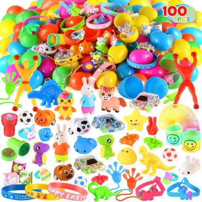 LACCHOUFEE 100Pcs Prefilled Easter Eggs With Toys Inside - Basket Stuffers for Kids Party Favors, Pre-Filled Plastic Bulk