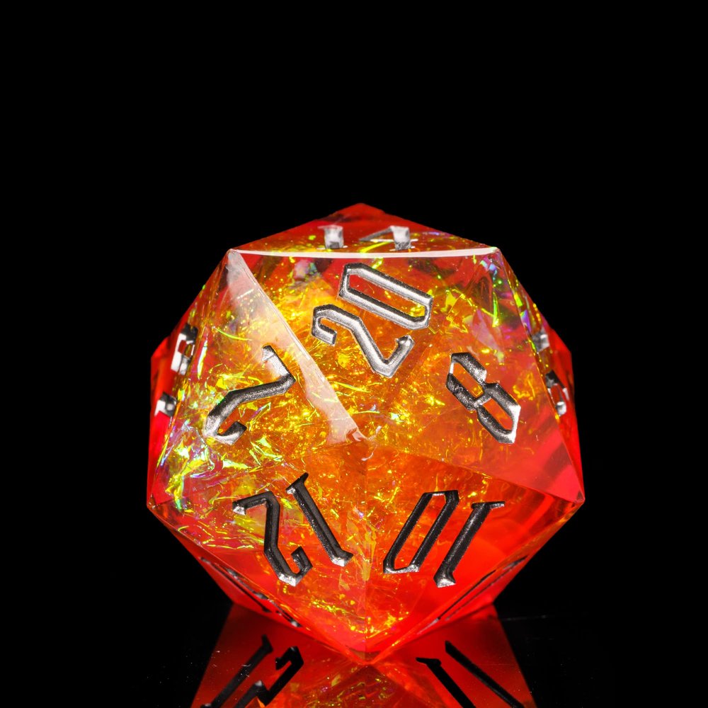 Cusdie Single D20 DND Dice with Sharp Edges and Glitter Foil Inclusions, 20 Sided D&D Dice, 33mm Handcrafted, for Role Playing Game (Orange/SG)