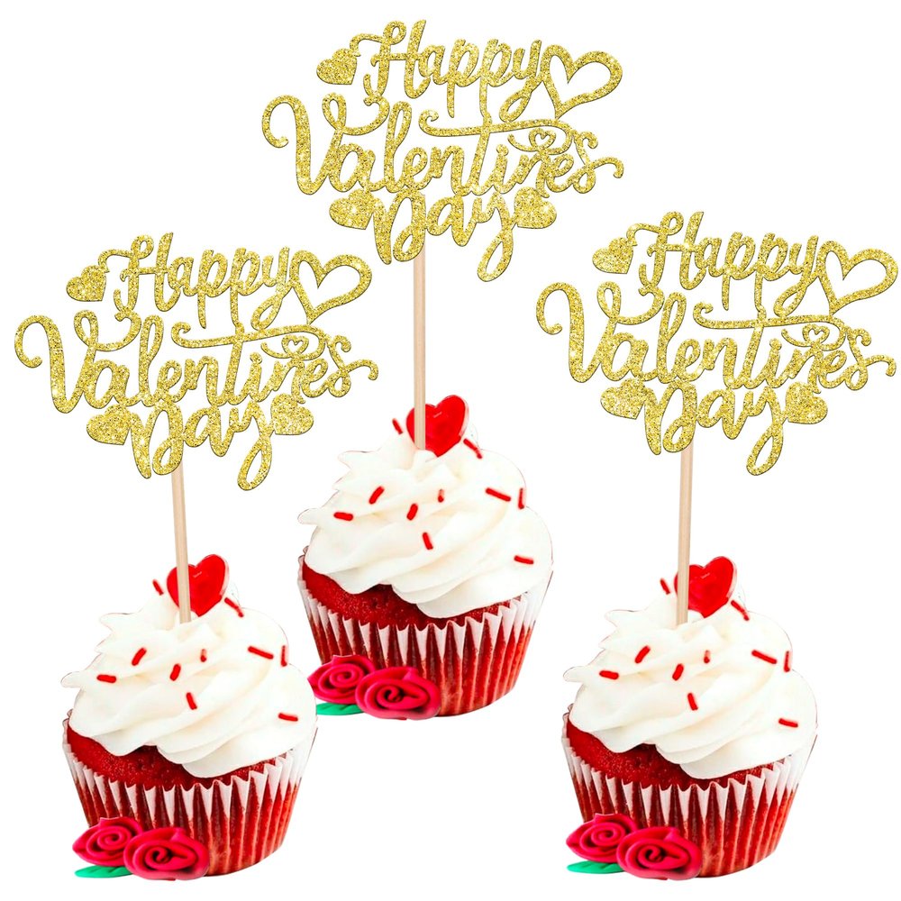 36 Pack Happy Valentine's Day Cupcake Toppers Glitter Sweet Heart Love You Cupcake Picks for Valentine's Day Theme Birthday Party Cake Decorations Supplies Gold