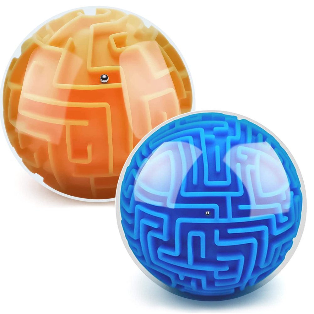 2 Pack 3D Maze Puzzle Ball - Brain Teaser Game, Gravity Memory Cube - Educational Toy Gifts for Students, Teens, Adults - Orange and Blue