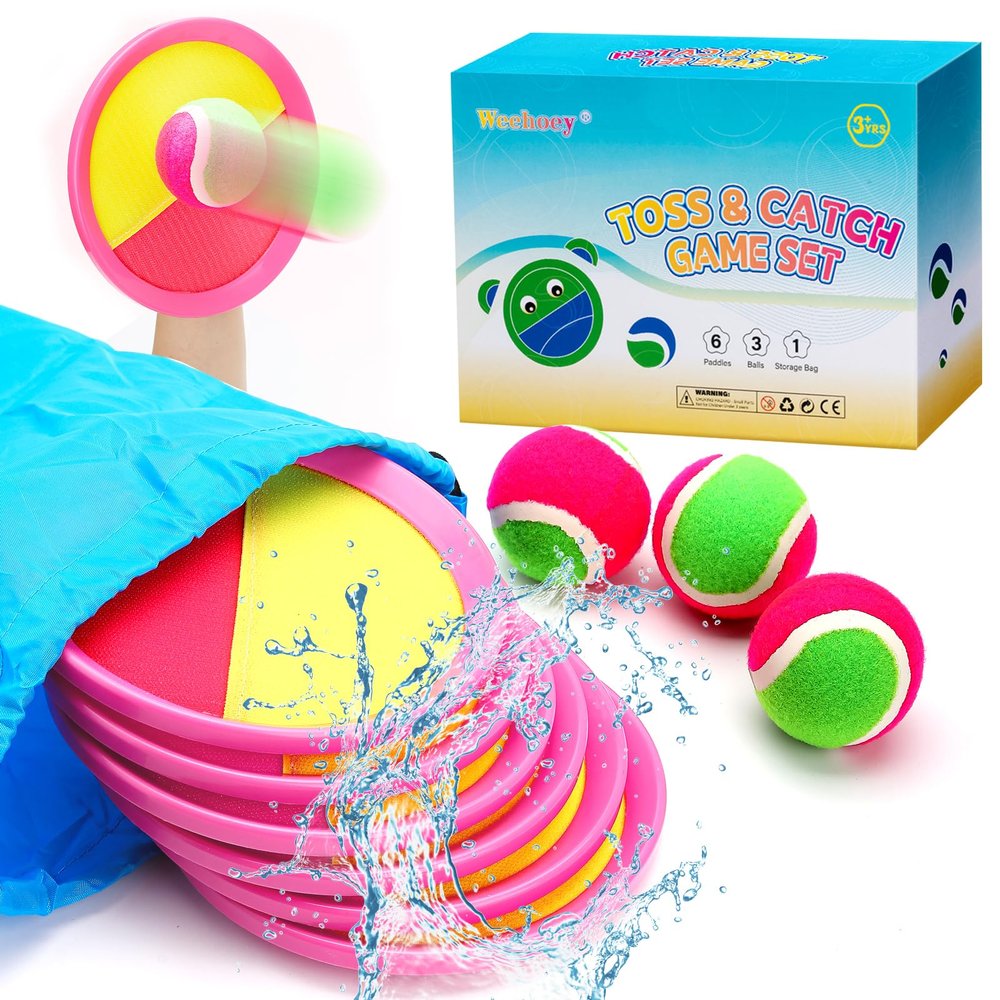 Weehoey Toss and Catch Ball Set for Girls 6 Paddles 3 Balls Pink Outdoor Game for Kids Ages 3-10, Birthday Gift, Christmas Toys, Holiday Present, Party Favor, Backyard Indoor Toy