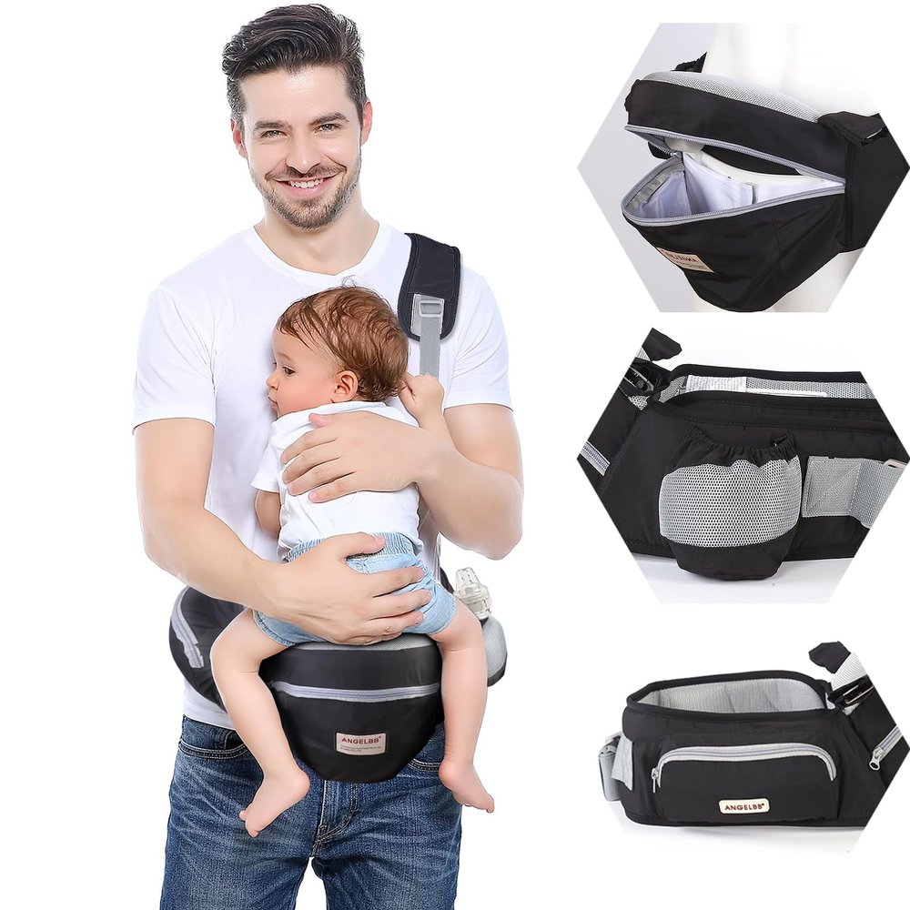 Baby Hip Carrier with Foldable Seat 180 Up-Down for Infant,Adjustable Straps Also as Waistband Extender,Huge Pockets,Ergonomic Waist Stool for Newborn to Toddlers Gift All-Seasons (Black)