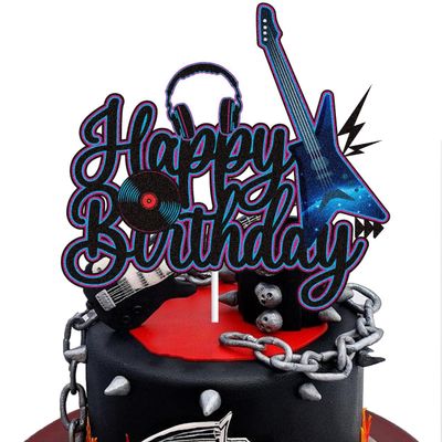 Electric Guitar Happy Birthday Cake Topper Black Purple Glitter Rock and Roll Musical Music Notes Theme Birthday Cake Decor Rock Music Vintage Rock Party Decoration Supplies for Kids Boys Girls
