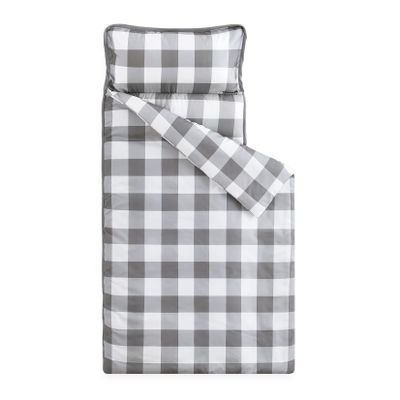 Wake In Cloud - Toddler Nap Mat with Pillow and Blanket, for Kids Boys Girls Ages 3 Plus in Kindergarten Daycare Preschool, Roll Up Sleeping Bag, Gingham Plaid Grid, Grey White, Standard