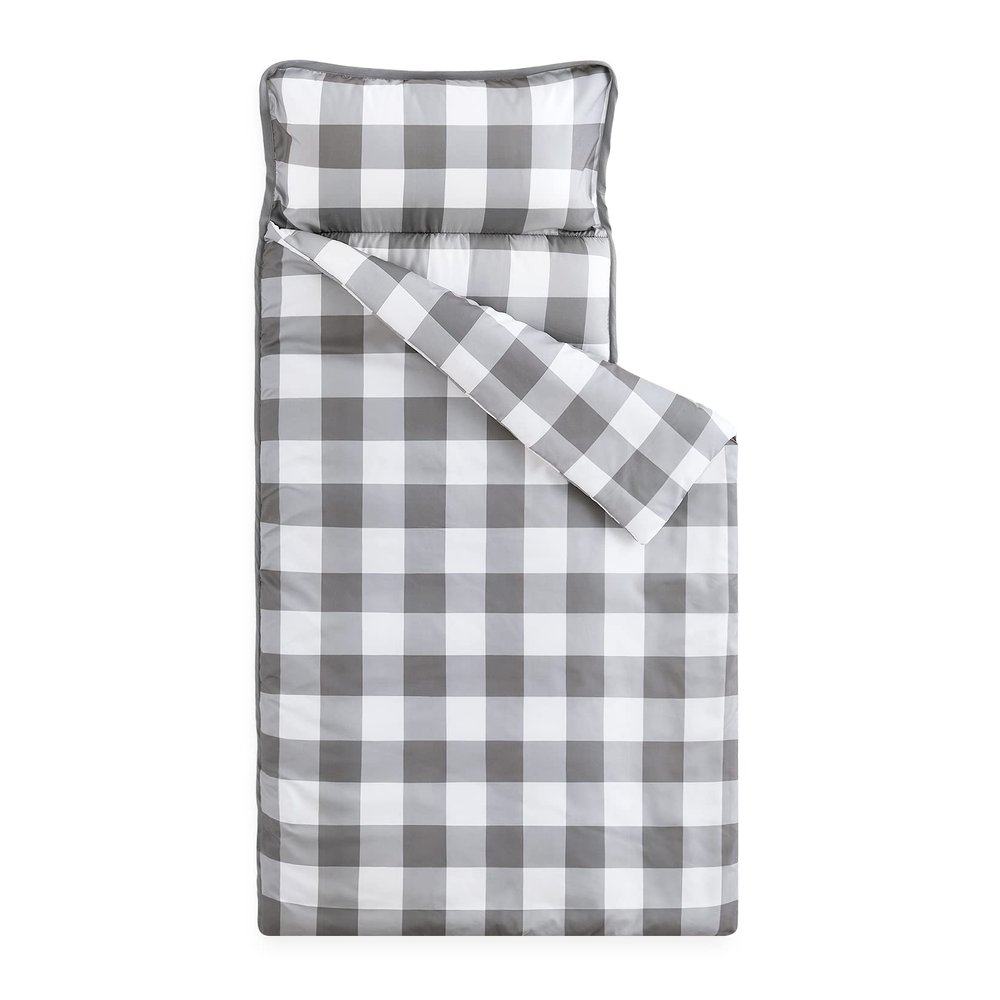 Wake In Cloud - Toddler Nap Mat with Pillow and Blanket, for Kids Boys Girls Ages 3 Plus in Kindergarten Daycare Preschool, Roll Up Sleeping Bag, Gingham Plaid Grid, Grey White, Standard