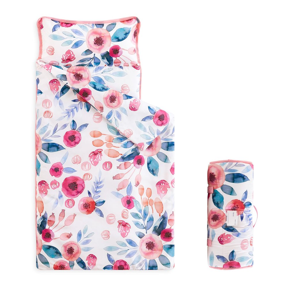 Wake In Cloud - Toddler Nap Mat with Pillow and Blanket, for Kids Girls in Kindergarten Daycare Preschool Pre K, Roll Up Sleeping Bag, Floral Botanical Flowers, Mauve Pink, Standard