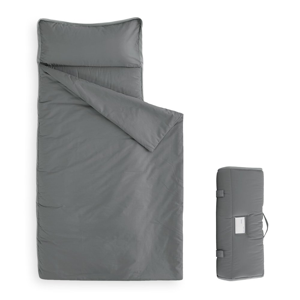 Wake In Cloud - Toddler Nap Mat with Pillow and Blanket, for Kids Boys Girls Ages 3 Plus in Kindergarten Daycare Preschool, Roll Up Sleeping Bag, Solid Color, Grey, Standard