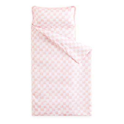 Wake In Cloud - Toddler Nap Mat with Pillow and Blanket, for Kids Boys Girls Ages 3 Plus in Kindergarten Daycare Preschool, Roll Up Sleeping Bag, Checkered Plaid Grid, Light Pink White, Standard