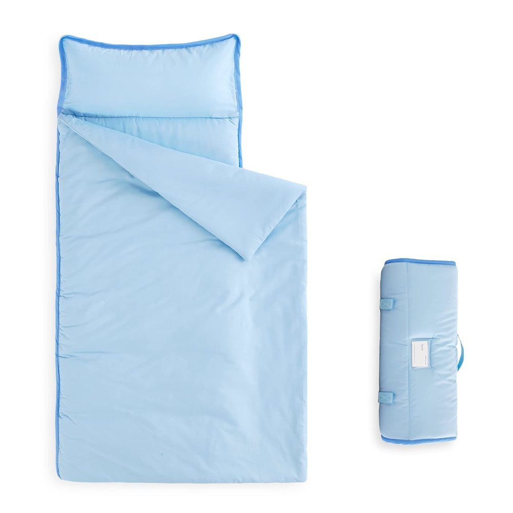 Wake In Cloud - Toddler Nap Mat with Pillow and Blanket, for Kids Boys Girls Ages 3 Plus in Kindergarten Daycare Preschool, Roll Up Sleeping Bag, Solid Color, Light Blue, Standard