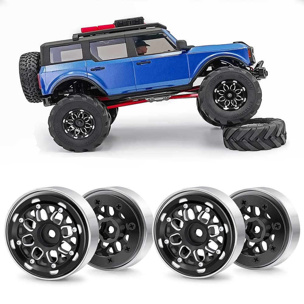 1.0 Beadlock Wheel Aluminum Alloy 1.0" Wheels for 1/18 TRX4M Axial SCX24 Gladiator Deadbolt Bronco C10 RC Crawler Car (Black)