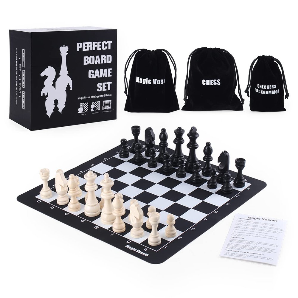 Magic Vosom Chess Sets, Travel Chess 15" x 15" 3 in 1 Chess, Checkers, Backgammon Set, Standard Chess Pieces and Chips Set of Silicone Board, Beginner Chess Set for Kids, Adults