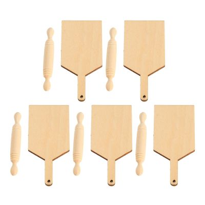 Dollhouse Rolling Pin Cutting Board Set, 5Pcs Birch Wood Miniature Rolling Pin Cutting Board Dollhouse Kitchen Accessories