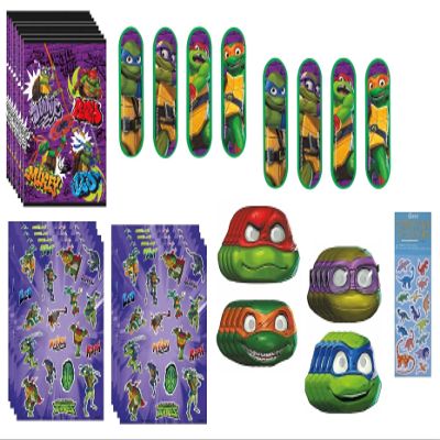 Unique Teenage Mutant Ninja Turtles TMNT Birthday Party Bundle includes 8 Favor Loot Bags, 8 Party PaperMasks, 8 Stickers Sheets, 8 MiniSkateboards, 1 Dinosaur Sticker Sheet