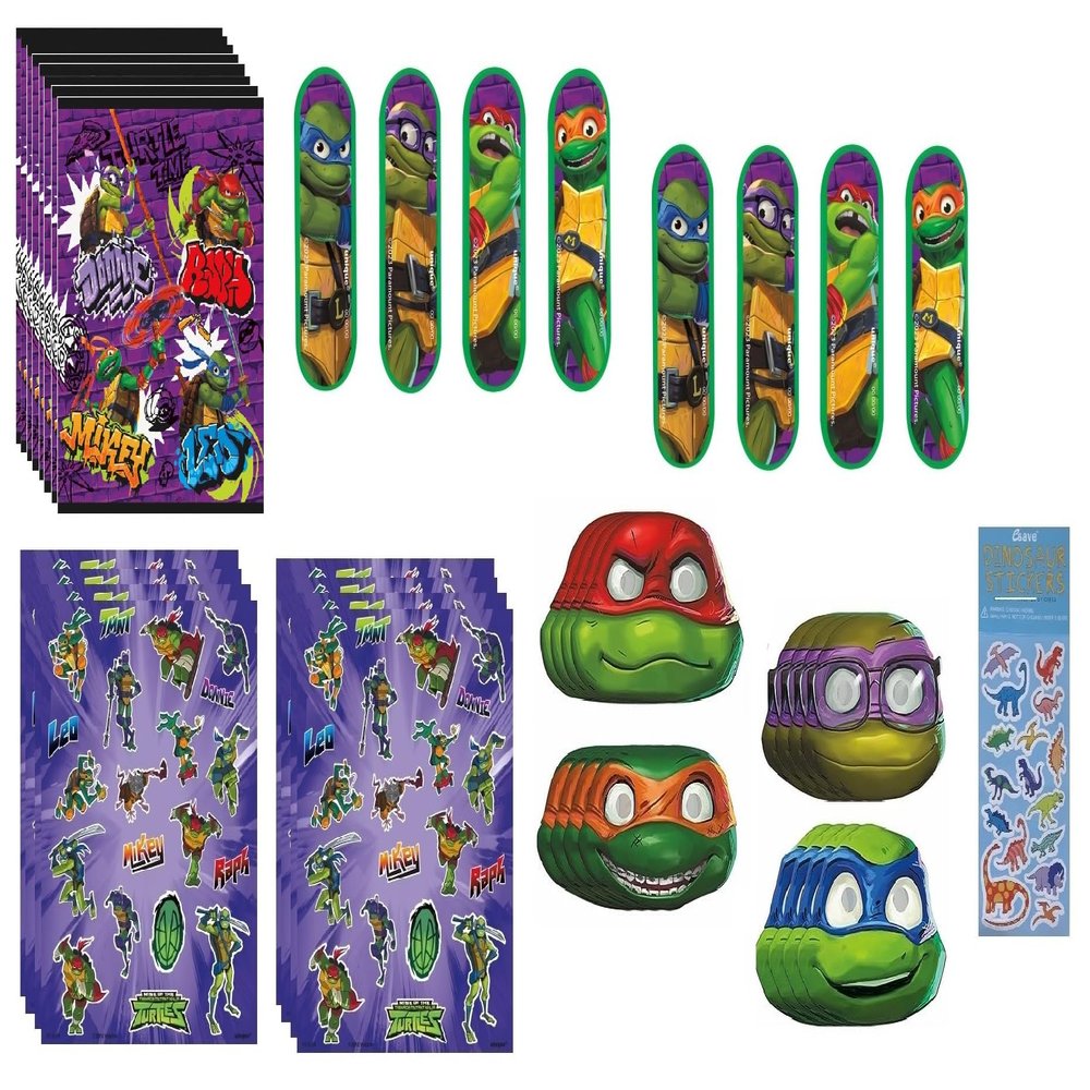 Unique Teenage Mutant Ninja Turtles TMNT Birthday Party Bundle includes 8 Favor Loot Bags, 8 Party PaperMasks, 8 Stickers Sheets, 8 MiniSkateboards, 1 Dinosaur Sticker Sheet