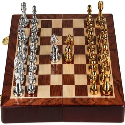 OLOTU Portable Chess Metal High-End Chess Set Gift Solid Wood Folding Travel Elegant Upscale Chess Board Retro Chess Ornaments Educational Toys Funny