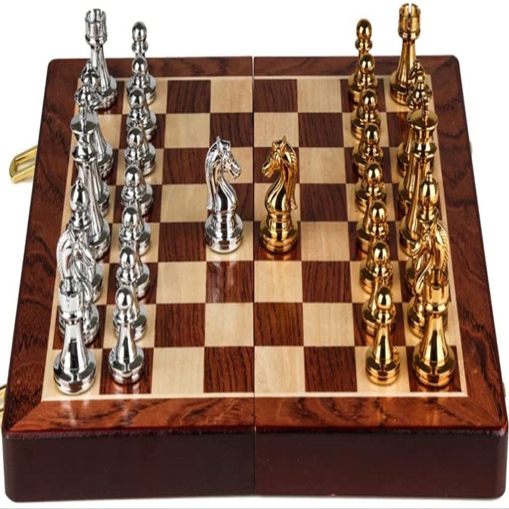 OLOTU Portable Chess Metal High-End Chess Set Gift Solid Wood Folding Travel Elegant Upscale Chess Board Retro Chess Ornaments Educational Toys Funny