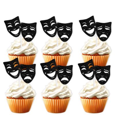 18pcs Black Glitter Mask Dessert Cupcake Topper Movie Night Theme Decor Supplies Men Women Boy Girl Happy Birthday Party Decorations