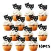 18pcs Black Glitter Mask Dessert Cupcake Topper Movie Night Theme Decor Supplies Men Women Boy Girl Happy Birthday Party Decorations view 3