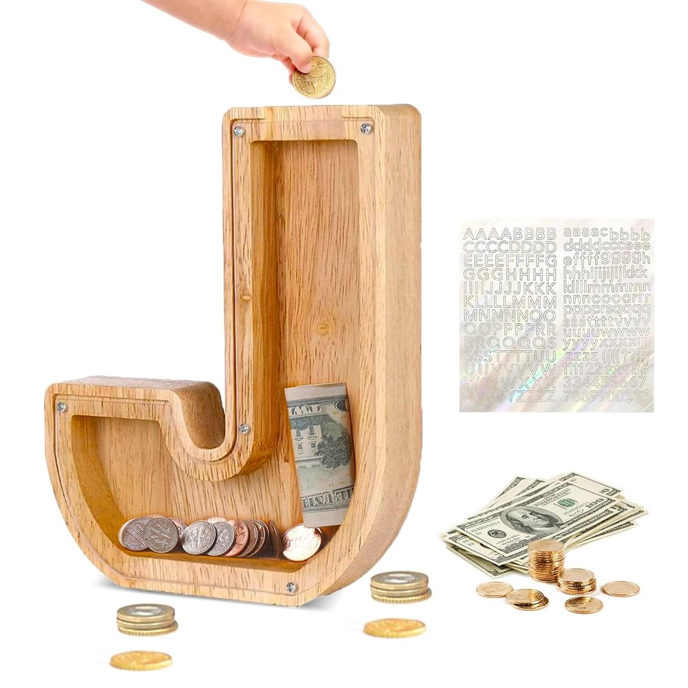 Custom Wooden Piggy Banks, CCHKFEI Coin jar Personalized Piggy Bank Creative 26 Letter DIY Storage Jar Kids Alphabet Coin Bank Savings Piggy Bank Birthday Gift Home Decoration Souvenir (J)