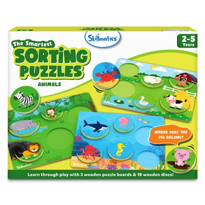 Skillmatics Wooden Sorting Puzzles - 3-in-1 Learning Toy, Animal Puzzles for Toddlers & Preschoolers, Educational Toy, Gifts for Boys and Girls Ages 2, 3, 4, 5