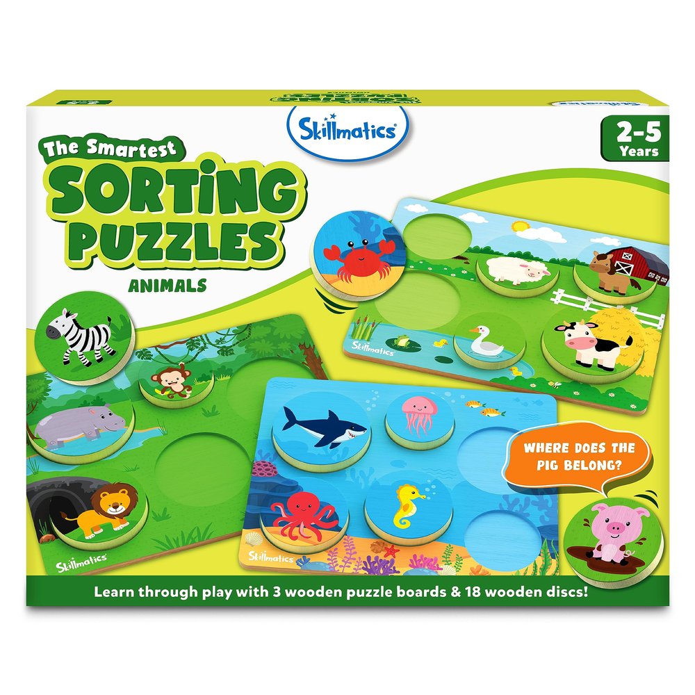 Skillmatics Wooden Sorting Puzzles - 3-in-1 Learning Toy, Animal Puzzles for Toddlers & Preschoolers, Educational Toy, Gifts for Boys and Girls Ages 2, 3, 4, 5