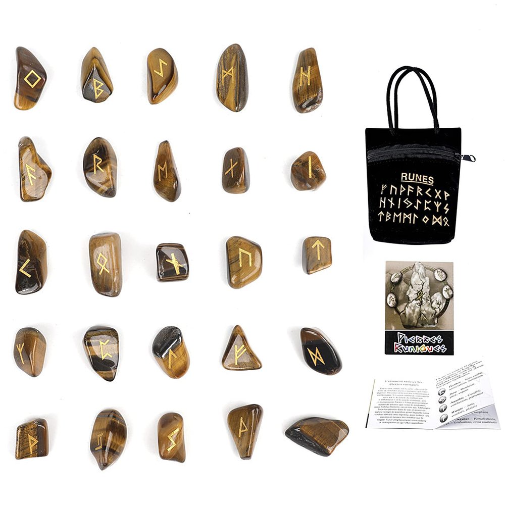 Jamron 25 Pcs Crystal Stone Engraved Rune Set with Velvet Pouch and Guidebook Future Telling Divination Game English Edition SN071173 Brown