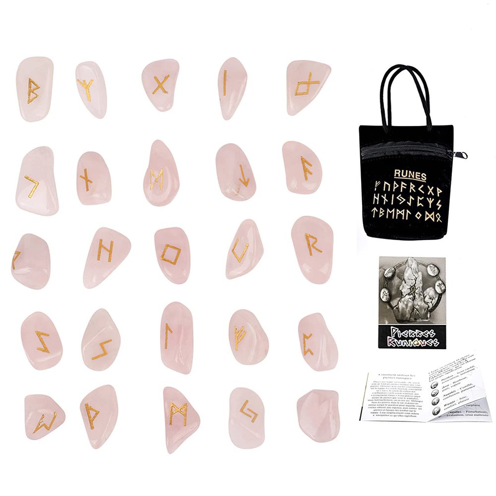 Jamron 25 Pcs Crystal Stone Engraved Rune Set with Velvet Pouch and Guidebook Future Telling Divination Game English Edition SN071173 Pink