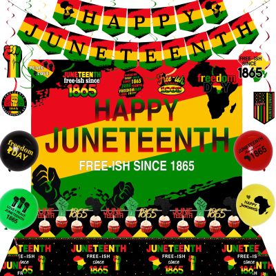 Juneteenth Party Decorations, Freedom Day June 19th 1865 Party Supplies - Africa American Independence Decor with Happy Juneteenth Banner Backdrop Table Cover Cake Topper Peace Love Hanging Swirls