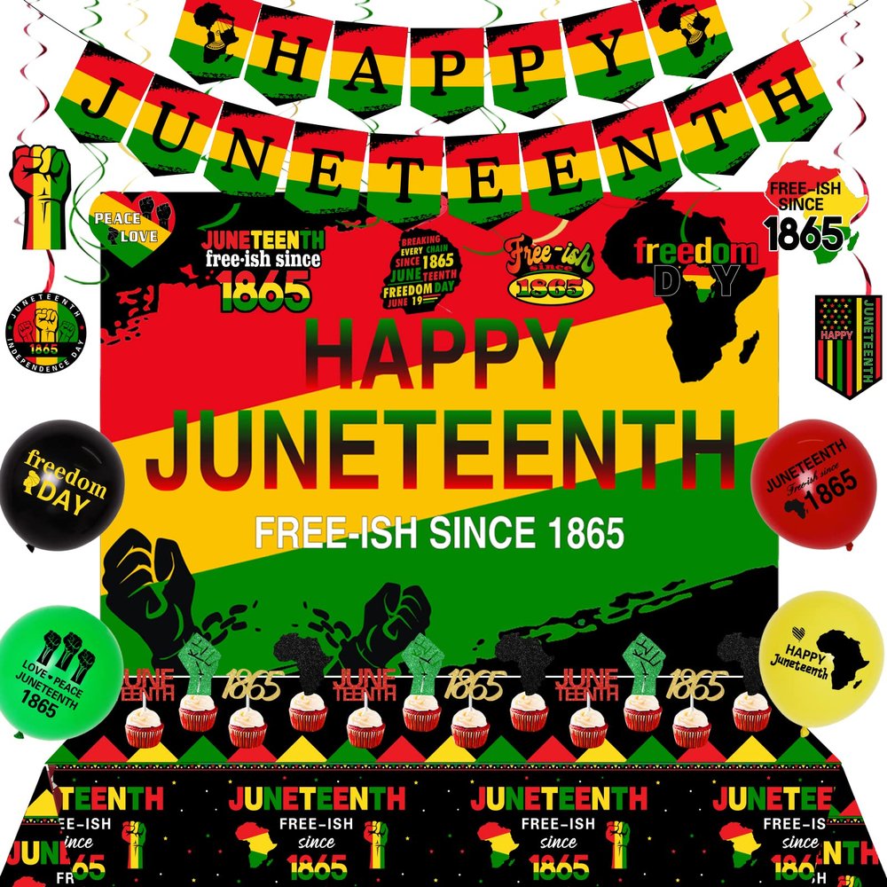 Juneteenth Party Decorations, Freedom Day June 19th 1865 Party Supplies - Africa American Independence Decor with Happy Juneteenth Banner Backdrop Table Cover Cake Topper Peace Love Hanging Swirls