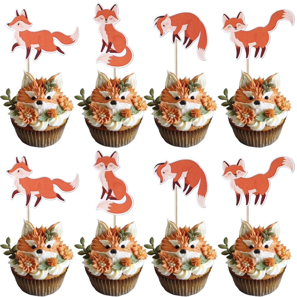 36 Pack Fox Cupcake Toppers Woodland Animal Picks Baby Shower Decorations for Woodland Themed Birthday Party Supplies