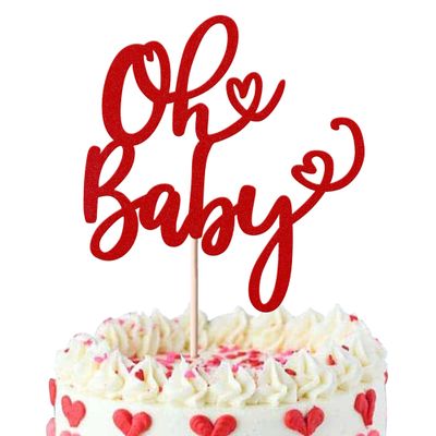 1 Pack Valentine's day Cake Topper Glitter Oh Baby Sweet Heart Love Cake Pick for Valentine's Day Baby Shower Kids Birthday Theme Party Cake Decoration Supplies Red