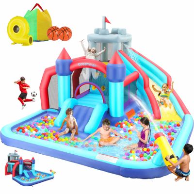 Inflatable Water Slide, 10 in 1 Bounce House Water Park with 580W Blower Climbing Wall, Splash Pool, Cannon, Jump Area, Basketball Hoop, Ball Gate, Water Slides Kids Bouncy Castle for Backyard Fun