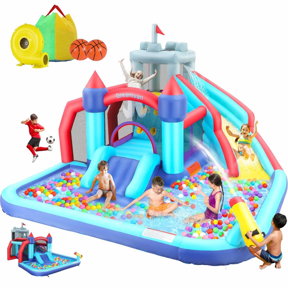 Inflatable Water Slide, 10 in 1 Bounce House Water Park with 580W Blower Climbing Wall, Splash Pool, Cannon, Jump Area, Basketball Hoop, Ball Gate, Water Slides Kids Bouncy Castle for Backyard Fun