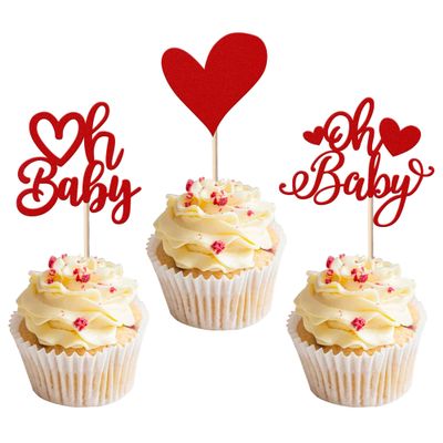 24 Pack Valentine's day Cupcake Toppers Glitter Oh Baby Sweet Heart Love Cupcake Picks for Valentine's Day Baby Shower Kids Birthday Theme Party Cake Decorations Supplies Red