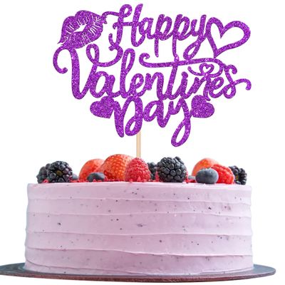 1 Pack Happy Valentine's Day Cake Topper Glitter Sweet Heart Love You Lips Cake Pick for Valentine's Day Engagement Theme Birthday Party Cake Decorations Supplies Purple