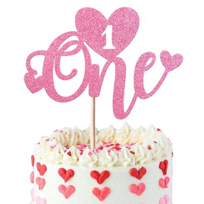 1 Pack Valentine's Day One Cake Topper Glitter Sweet Love 1st Cake Pick 1st Birthday for Valetine's Day Theme Baby Shower Kids 1st Birthday Cake Decoration Party Supplies Pink