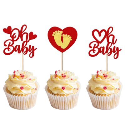 24 Pack Valentine's day Cupcake Toppers Glitter Oh Baby Sweet Heart Baby Feet Cupcake Picks for Valentine's Day Baby Shower Kids Birthday Theme Party Cake Decorations Supplies Red