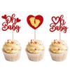 24 Pack Valentine's day Cupcake Toppers Glitter Oh Baby Sweet Heart Baby Feet Cupcake Picks for Valentine's Day Baby Shower Kids Birthday Theme Party Cake Decorations Supplies Red view 1